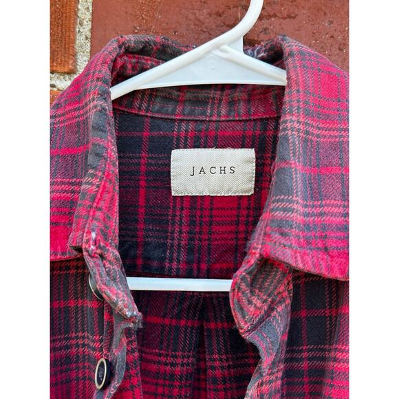 JACHS Red Plaid Flannel Shirt Distressed Grunge - Picture 2 of 5